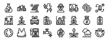 Rapor için 24 ana hatlı web ekoloji ikonu: matara, bisiklet, güneş enerjisi, cıvata, düşünün eko, kamyon, ürün vektör simgeleri, sunum, diyagram, web tasarımı, mobil uygulama