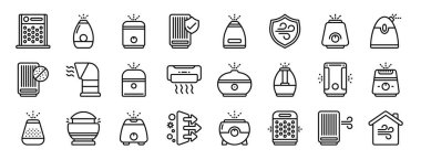 Arındırıcı, nemlendirici, nemlendirici, arıtıcı, nemlendirici, kalkan, rapor için vektör simgeleri, sunum, diyagram, web tasarımı, mobil uygulama gibi 24 ana hatlı ağ temizleyici ve nemlendirici ikonlarından oluşan bir set.