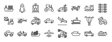 Kargo gemisi, roket, tren, traktör, kamyonet, askeri helikopter, rapor için tren vektör simgeleri, sunum, diyagram, mobil uygulama gibi 24 ana hatlı ağ taşıma simgesi seti