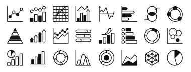 Rapor, sunum, diyagram, çizelge, çizgi çizelgesi, çizgi çizelgesi, çizgi çubuğu analitik vektör simgeleri, sunum, diyagram, web tasarımı, mobil uygulama gibi 24 taslak simge seti