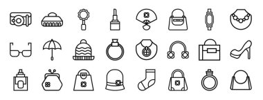 Rapor, sunum, diyagram, web tasarımı, mobil uygulama, el aynası, ruj, yelpaze, kadın çantası, kol saati vektör simgeleri gibi 24 ana hatlı web kadın aksesuar simgesi seti