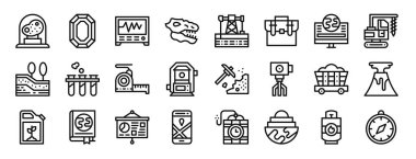 Rapor, sunum, diyagram, web tasarımı, mobil uygulama için tektit, mücevher, sismograf, diaur, yağ madenciliği, çanta, jeoloji vektör simgeleri gibi 24 ana hatlı web jeoloji ikonu kümesi