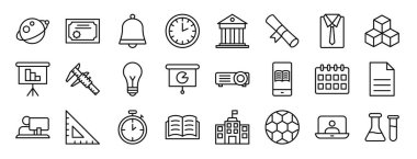 Rapor için 24 ana hatlı web akademik ve eğitim simgesi seti, gezegen, sertifika, halka çanı, duvar saati, banka, sertifika, gömlek vektör simgeleri, sunum, diyagram, web tasarımı, mobil uygulama gibi