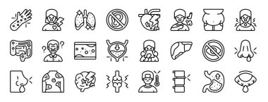 urtikia, kalp hastalığı, pnömoni, sağırlık, kalp krizi, astım, rapor, sunum, diyagram, web tasarımı, mobil uygulama gibi 24 ana hatlı web hastalıkları ikonu seti