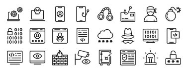 Rapor, sunum, diyagram, web tasarımı, mobil uygulama, mobil uygulama gibi 24 ana hatlı web hack simgesi seti