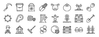 Rapor, sunum, diyagram, web tasarımı, mobil uygulama gibi 24 ana hatlı ağ tarım ikonu seti: orak, su kovası, pirinç, mısır, domuz, domates, sulama vektör simgesi