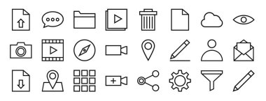 Rapor için dosya, ileti, dizin, çalma listesi, çöp, dosya, bulut vektör simgeleri, sunum, diyagram, web tasarımı, mobil uygulama gibi 24 kullanıcı arayüzü simgesi seti