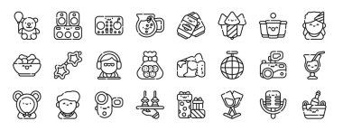 Ayıcık, hoparlör, dj karıştırıcı, limonata, bira kutusu, havai fişek, bira tenekesi, sunum, diyagram, web tasarımı gibi 24 ana hatlı web partisi ve kutlama simgelerinden oluşan bir set.,