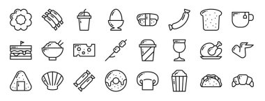 Rapor için 24 ana hatlı web yiyecek ve içecek simgesi: donut, kaburga, içecek, haşlanmış yumurta, nigiri, sosis, somun vektör simgesi, sunum, diyagram, web tasarımı, mobil uygulama
