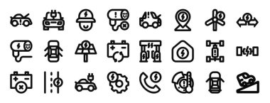 Spor araba, elektrikli araba, teknisyen, güç kablosu, sedan, rapor için rüzgar enerjisi vektör simgeleri, sunum, diyagram, web tasarımı, mobil uygulama gibi 24 ana hatlı elektrikli araba simgesi seti