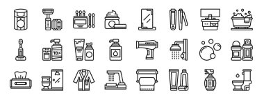 Çöp kovası, tıraş bıçağı, pamuk tomurcukları, krem, ayna, tırnak makası, rapor için lavabo vektör simgeleri, sunum, diyagram, web tasarımı, mobil uygulama gibi 24 ana hatlı banyo simgesi seti