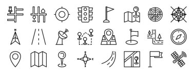 Konum, konum, hedef, trafik ışığı, bayrak, konum, radar vektör simgeleri, rapor, sunum, diyagram, web tasarımı, mobil uygulama gibi 24 ana hatlı web haritası ve yön bulma simgesi kümesi