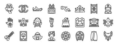 Gannesha, Shakha Pola, ayakkabı, hediye, talambralu, yajna, sunum, diyagram, web tasarımı, mobil uygulama gibi 24 ana hatlı web düğün ikonu seti