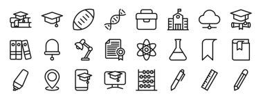 Kitap, mezuniyet şapkası, spor, DNA, çanta, okul, rapor için bulut vektör simgeleri, sunum, diyagram, web tasarımı, mobil uygulama gibi 24 ana hatlı web seti