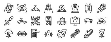 Rapor, sunum, diyagram, web tasarımı, mobil uygulama, akıllı izleme, uav, eko enerji, hologram, jet pack vektör simgeleri gibi gelecekteki simgelerin 24 ana hatlı web teknolojisi