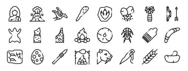 Kadın, volkan, kireç, sopa, ayak izi, ateş, rapor için ağaç vektör simgeleri, sunum, diyagram, web tasarımı, mobil uygulama gibi 24 ana hatlı tarih öncesi simge seti