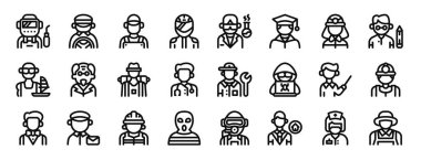 Rapor, sunum, diyagram, web tasarımı, mobil uygulama gibi 24 ana hatlı web avatar simgesi seti: Kaynak, taksi şoförü, yükleyici, motosikletçi, laboratuvar teknisyeni, akademik, itfaiyeci vektör simgeleri