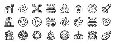 Rapor için 24 ana hatlı web alanı ve uzay istasyonu, kara delik, akıllı dron, robot, UFO, robot, gezegen vektör simgeleri, sunum, diyagram, web tasarımı, mobil uygulama gibi astronomi simgeleri