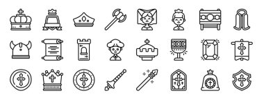 Rapor, sunum, diyagram, web tasarımı, mobil uygulama gibi 24 ana hatlı web krallığı simgesi dizisi: taç, kalkan, taç, balta, prenses, prens, stok vektör simgeleri