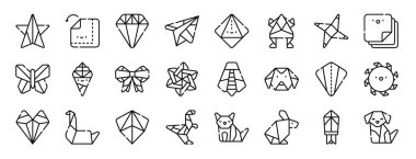 Yıldız, origami, elmas, kağıt uçak, kağıt, kurbağa, rapor, sunum, diyagram, web tasarımı, mobil uygulama gibi 24 ana hatlı web origami ikonu seti.