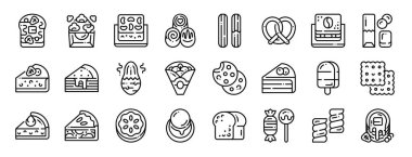 Fransız tostu, patlamış mısır, brownie, truffle, churros, pretzel, tiramisu vektör simgeleri, sunum, diyagram, web tasarımı, mobil uygulama gibi 24 ana hatlı tatlı ikonu seti