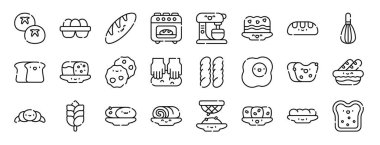 Rulo, yumurta karton, ekmek, fırın, karıştırıcı karıştırıcı, ekmek, rapor, sunum, diyagram, web tasarımı, mobil uygulama gibi 24 ana hatlı web ekmek koleksiyonu ikonu seti
