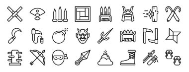 bo, kağıt yelpazesi, spike, tatami, pençe, samuray, rapor için vektör simgeleri fırlatma, sunum, diyagram, web tasarımı, mobil uygulama gibi 24 ana hatlı ninja simgesi seti