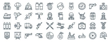 Paraşüt, tank, kurşun, simge, dinamit, uzaktan kumanda, rapor için bere simgeleri, sunum, diyagram, web tasarımı, mobil uygulama gibi 40 ana hatlı web askeri simgesi