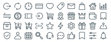 Senkronizasyon, transfer, paket, güvenlik, cüzdan, istatistik, rapor için fiyat etiketi simgeleri, sunum, diyagram, web tasarımı, mobil uygulama gibi 40 ana hatlı web ekommersi ve alışveriş simgelerinden oluşan bir set