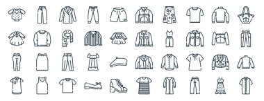 Pantalon, üniforma, pantolon, pantolon, gömlek, çanta, rapor için ceket simgeleri, sunum, diyagram, web tasarımı, mobil uygulama gibi 40 ana hatlı bahar ikonu seti