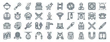 Rapor için e, wushu, ilk yardım kiti, geta, break, punch, baton simgeleri, sunum, diyagram, web tasarımı, mobil uygulama gibi 40 ana hatlı web dövüş sanatları ikonu seti