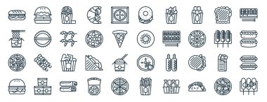Burger, erişte, pizza, burger, mısır, suşi, simit simgeleri, sunum, diyagram, web tasarımı, mobil uygulama gibi 40 ana hatlı fast food ikonu.