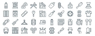 İplik, dikiş, güvenlik iğnesi, terzi, yün, elbise, rapor için işaret simgeleri, sunum, diyagram, web tasarımı, mobil uygulama gibi 40 ana hatlı ağ dikiş ikonu seti.