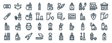 Rapor, sunum, diyagram, web tasarımı, mobil uygulama, esrar, elektronik sigara, vape, diy, yeniden şarj edilebilir, dükkan, puro borusu simgeleri gibi 40 ana hatlı web buhar ikonu seti