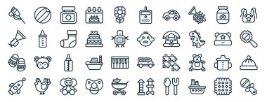 Basketbol, rüzgar enstrümanı, bebek ayakkabısı, fırlatma, yün şapka, önlük, transistör raporlama, sunum, diyagram, web tasarımı, mobil uygulama gibi 40 ana hatlı bebek ve çocuk simgesi seti