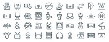 Film düzenleme, oyun, eşitleyici, kulaklık, vr gözlük, takvim, rapor için film yönetmeni simgeleri, sunum, diyagram, web tasarımı, mobil uygulama gibi 40 ana hatlı web sinema ikonu seti