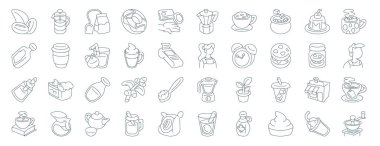 Fransız presi, likör kahvesi, şeker kavanozu, kitap, kurabiye kavanozu, sıcak chote, rapor için kahve makinesi simgeleri, sunum, diyagram, web tasarımı, mobil uygulama gibi 40 ana hatlı kahve dükkanı simgesi seti