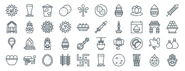 Rapor için tac mahal, gate, balon, toplar, Hindistan kapısı, havai fişek, malpua simgeleri, sunum, diyagram, web tasarımı, mobil uygulama gibi 40 ana hatlı sanal simge seti