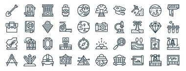 Rapor için 40 ana hatlı web jeoloji simgesi, tacheometre, çanta, fosil, pusula, elmas, toprak, maden simgeleri, sunum, diyagram, web tasarımı, mobil uygulama gibi