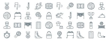 Bayraklar, voleybol, voleybol oyuncusu, kronometre, kupa, hakem, rapor için bayraklar, sunum, diyagram, web tasarımı, mobil uygulama gibi 40 ana hatlı web voleybol ikonu seti