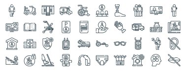 Motorsiklet, ekran, ev, merdivenler, ilaç, engellilik, rapor için koltuk simgeleri, sunum, diyagram, web tasarımı, mobil uygulama gibi 40 ana hatlı insan yardım simgesi
