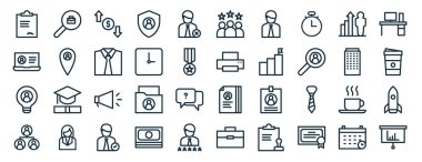 Toplama, dizüstü bilgisayar, fikir, yapı, ofis binası, masa, rapor, sunum, diyagram, web tasarımı, mobil uygulama gibi 40 ana hatlı web istihdam simgesi seti