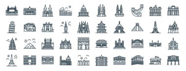 Vatikan, İtalya, Paris, Tokyo, Brandenburg, rapor için İspanya simgeleri, sunum, diyagram, web tasarımı, mobil uygulama gibi 40 ana hatlı web dünyası simgesi simgesi seti
