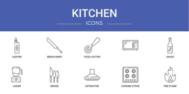 Rapor için 10 ana hatlı web mutfak simgesi, çakmak, ekmek bıçağı, pizza kesici, sos, meyve sıkacağı, bıçak vektör simgeleri, sunum, diyagram, mobil uygulama gibi
