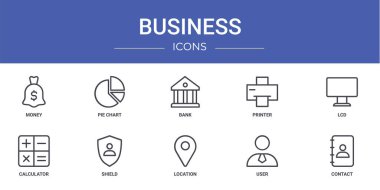 Para, pasta grafiği, banka, yazıcı, Lcd, hesap makinesi, rapor için kalkan vektör simgeleri, sunum, diyagram, web tasarımı, mobil uygulama gibi 10 ana hatlı iş simgesi kümesi