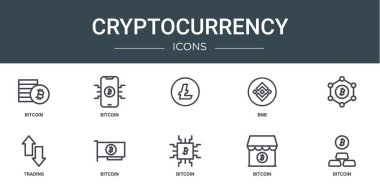 Rapor, sunum, diyagram, web tasarımı, mobil tasarım, bitcoin, bnb, ticaret, bitcoin vektör simgeleri gibi 10 ana hatlı web kripto para birimi simgesi kümesi