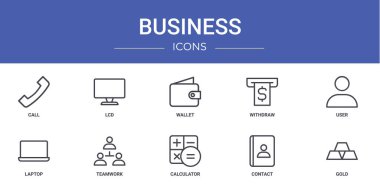 Arama, Lcd, cüzdan, geri çekilme, kullanıcı, dizüstü bilgisayar, rapor, sunum, diyagram, web tasarımı, mobil uygulama gibi 10 ana hatlı iş simgesi seti
