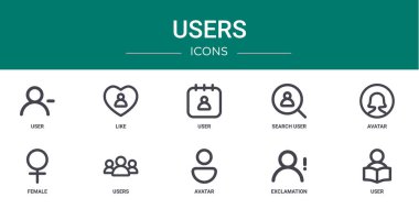 Kullanıcı, kullanıcı, arama kullanıcısı, avatar, kadın, rapor, sunum, diyagram, web tasarımı, mobil uygulama gibi 10 ana hatlı web kullanıcı simgesi seti