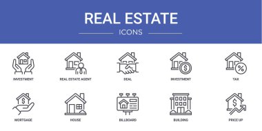 Yatırım, emlak acentesi, anlaşma, yatırım, vergi, mortgage, ev vektör simgeleri, sunum, diyagram, web tasarımı, mobil uygulama gibi 10 ana hatlı emlak simgesi seti