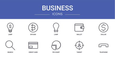 Lamba, bitcoin, lamba, lamba, cüzdan, dolar, arama, rapor için kredi kartı vektör simgeleri, sunum, diyagram, web tasarımı, mobil uygulama gibi 10 ana hatlı iş simgesi kümesi